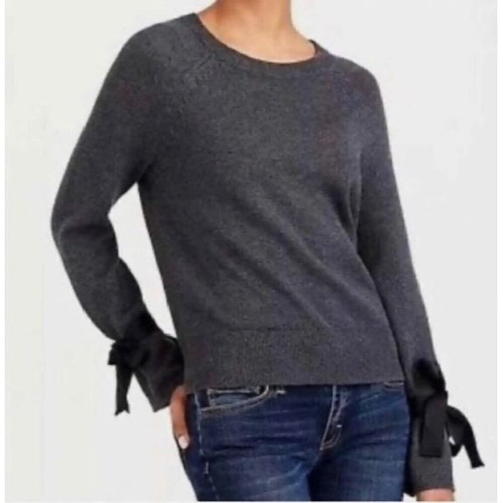 J Crew Sweater Womens Large Gray Tie Bell Sleeve Merino Wool Blend Cozy Comfy